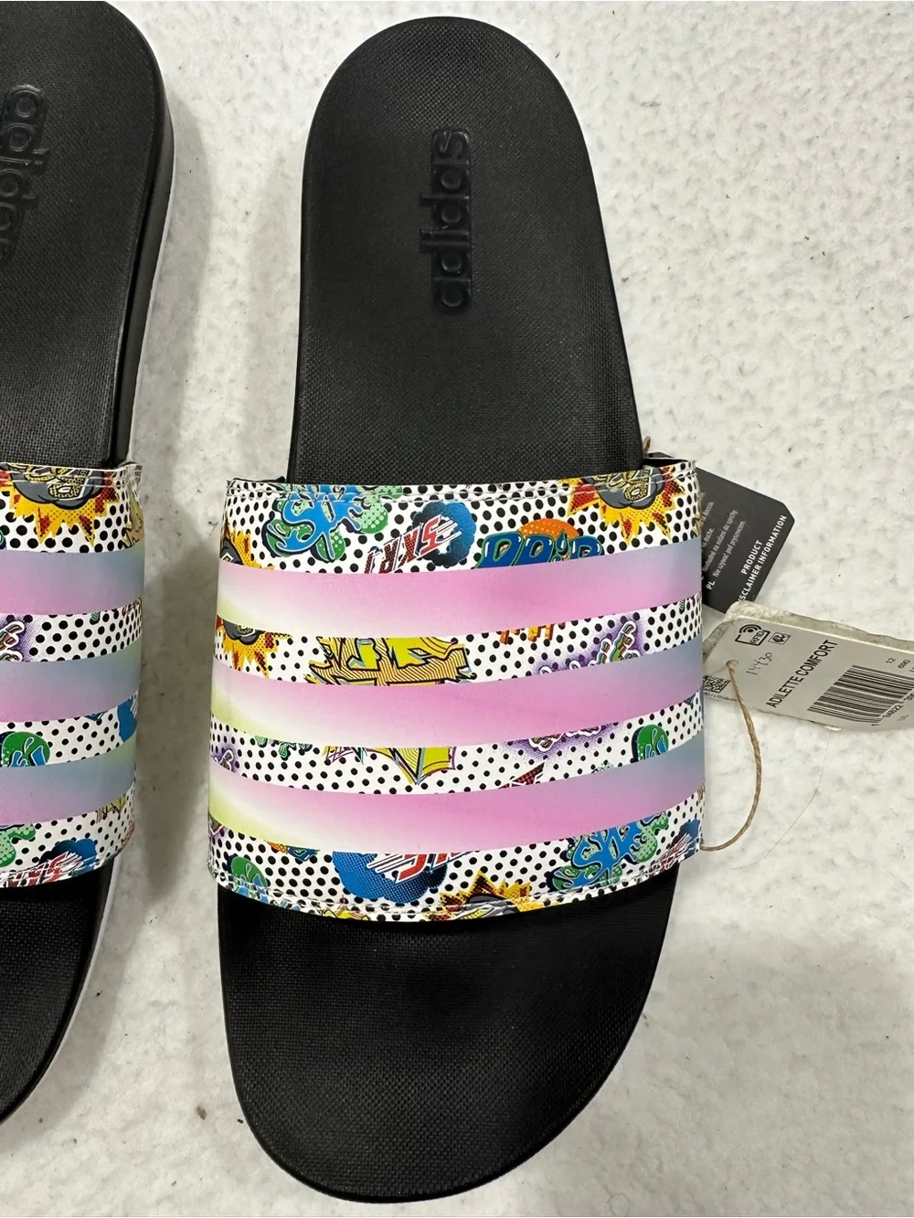 Adidas Black Slide Sandals with Pastel Multi-Color Strap